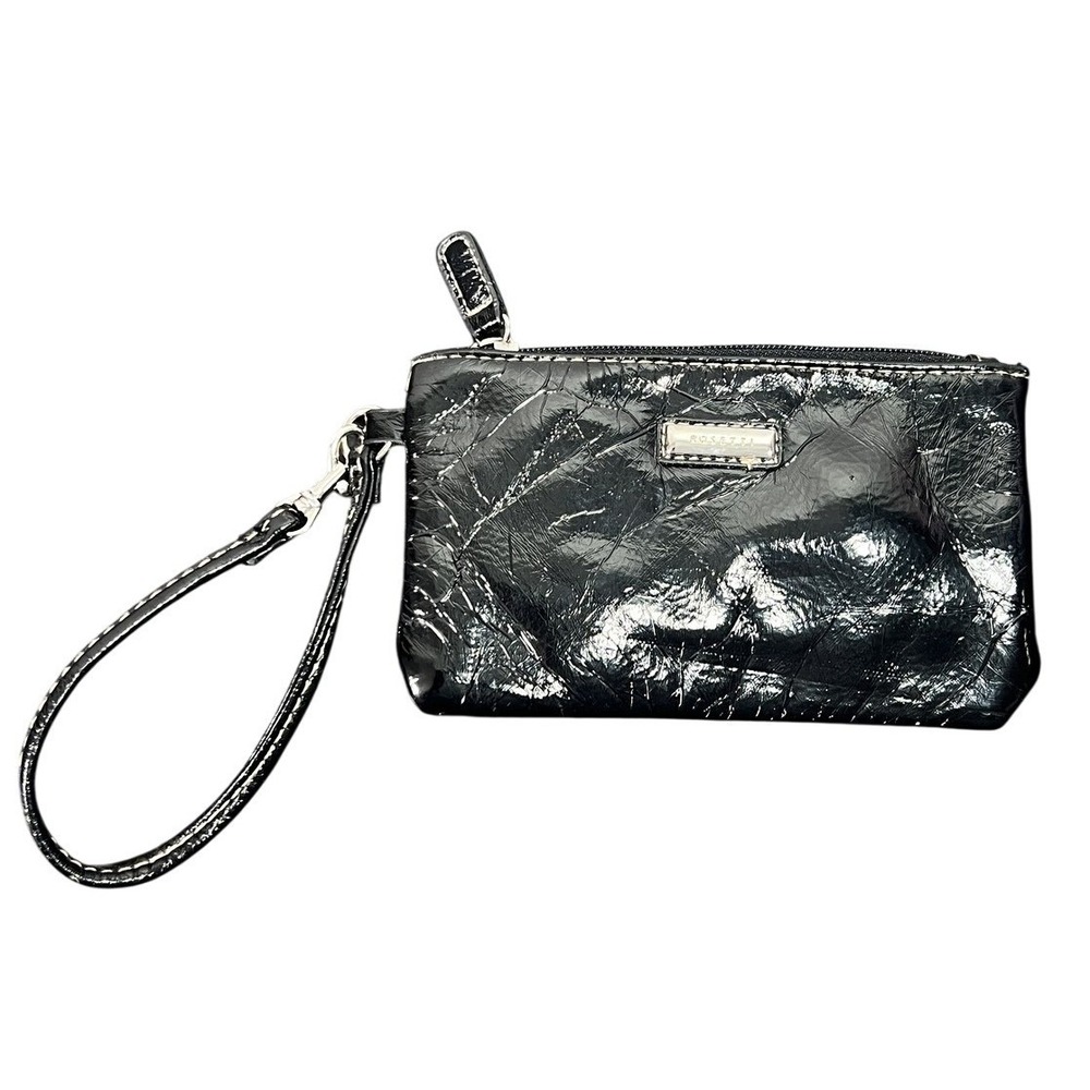 Rosetti Black Patent Crinkle Wristlet Wallet Clutch Zip Around Women's Accessory